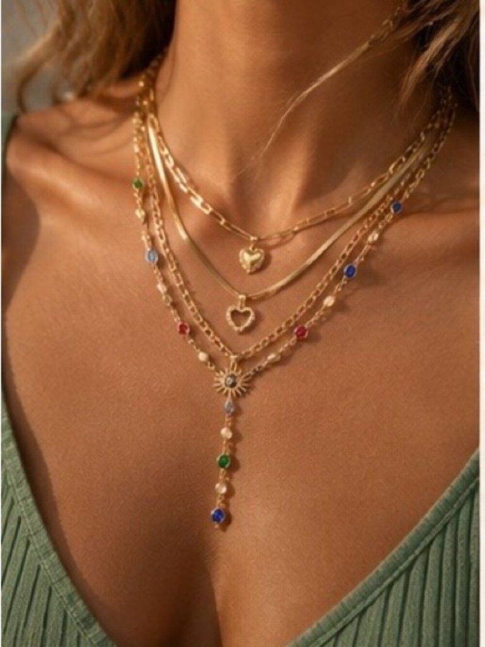 Luxury Layered Gold Necklace with Colorful Gemstones and Heart Charms